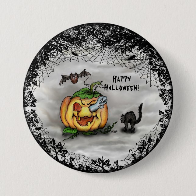 Ghost, Bat und Katze, glücklich Halloween! Button (Vorderseite)