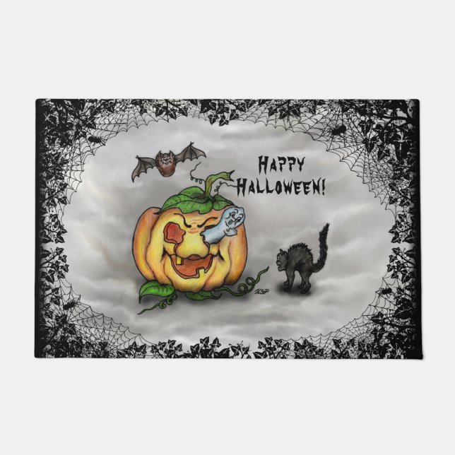 Ghost, Bat und Katze, glücklich Halloween! Fußmatte (Vorderseite)