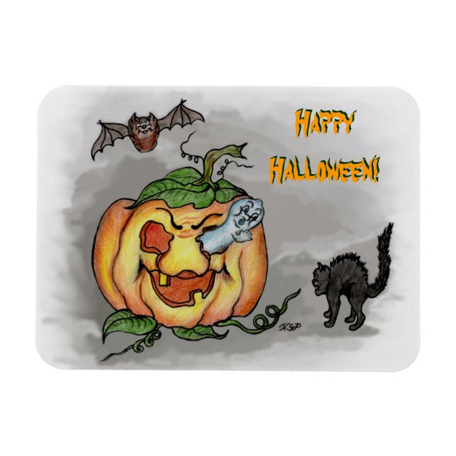 Ghost, Bat und Katze, glücklich Halloween! Magnet (Horizontal)