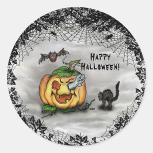 Ghost, Bat und Katze, glücklich Halloween! Runder Aufkleber