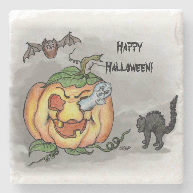 Ghost, Bat und Katze, glücklich Halloween! Steinuntersetzer (Vorderseite)