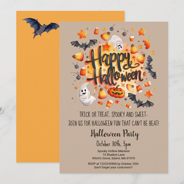 Ghost Bats Trick oder Treat Pumpkin-Halloween-Part Einladung (Vorne/Hinten)