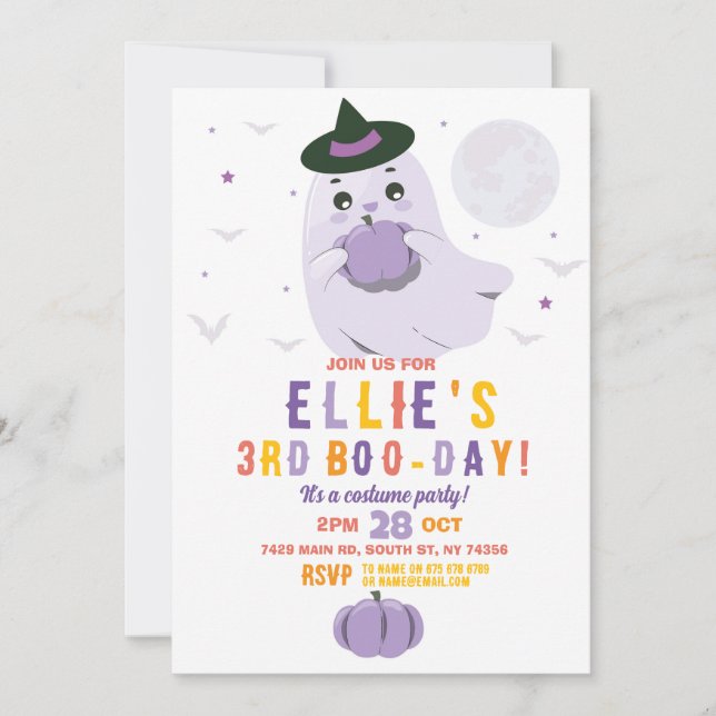 Ghost Birthday Pumpkins Girls Lila Einladung (Vorderseite)
