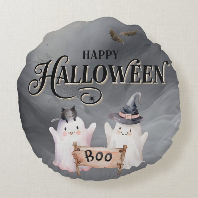 Ghost Black BOO Halloween Rundwurfkissen Rundes Kissen (Rückseite)