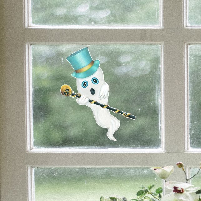 Ghost Blue Eyes Top Hat Verziert Cane Gold Skull Fensteraufkleber (Cute blue eyed ghost wearing top hat holding black cane with gold skull on Halloween window cling.)