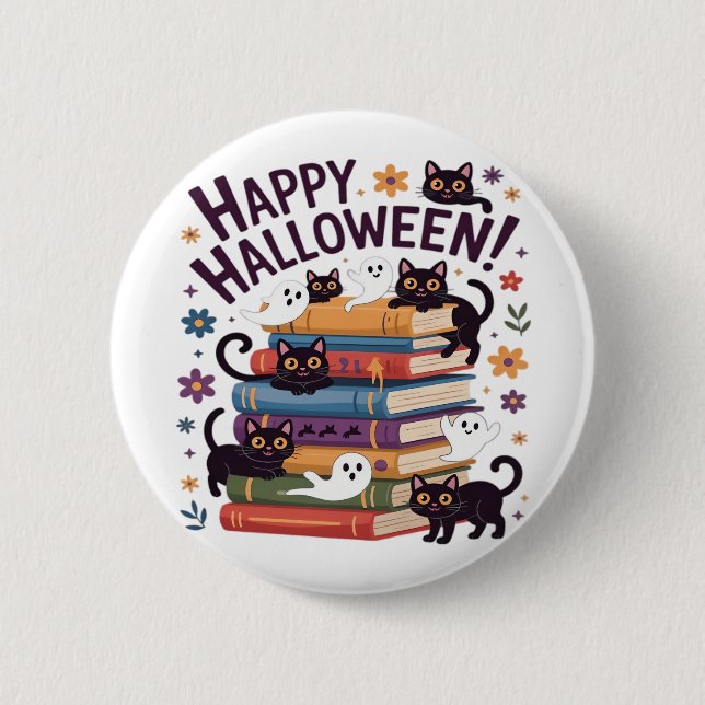 Ghost Cat Reading Books Lover Gift Halloween Spoo Button (Vorderseite)