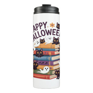 Ghost Cat Reading Books Lover Gift Halloween Spoo Thermosbecher