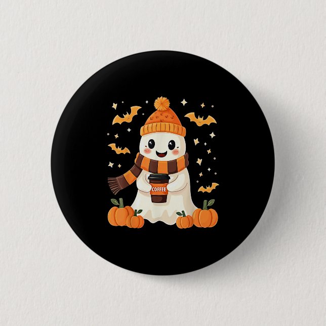 Ghost Drinking Coffee Halloween Cute Ghost Ice Cof Button (Vorderseite)