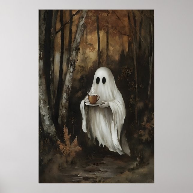 Ghost Drinking Coffee In Fall Forest Print, Ghost Poster (Vorne)