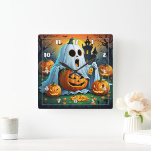 Ghost freut sich an Halloween-Leckereien! 🎃 Quadratische Wanduhr