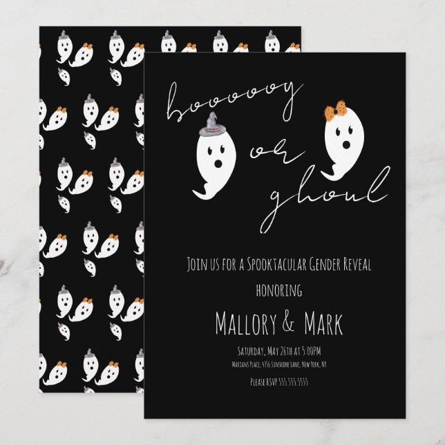 Ghost Ghoul Halloween Gender Reveal Party Black Einladung (Vorne/Hinten)
