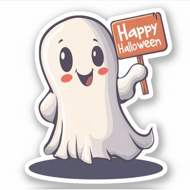 Ghost hält ein glückliches Halloween-Zeichen Aufkleber (Vorderseite)
