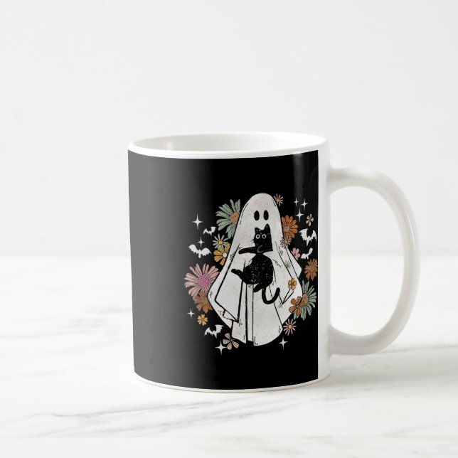 Ghost Holding Black Cat Groovy BlumenHalloween Go Kaffeetasse (Rechts)