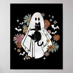 Ghost Holding Black Cat Groovy BlumenHalloween Go Poster