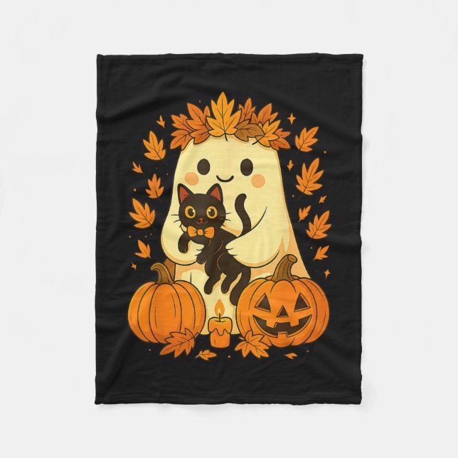 Ghost Holding Black Cat Halloween Pumpkins Herbst Fleecedecke (Vorderseite)