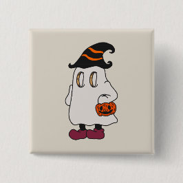 Ghost holding pumpkin and wearing witch hat button