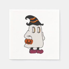 Ghost holding pumpkin and wearing witch hat serviette