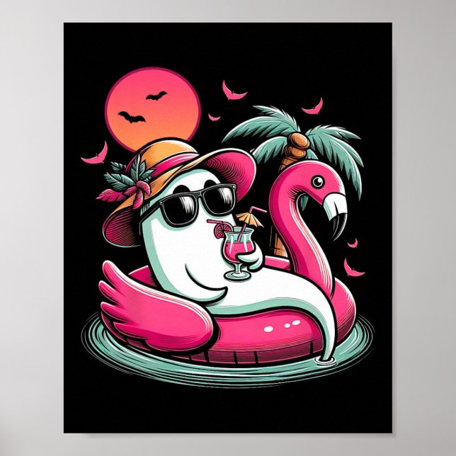 Ghost in Lifebuoy Flamingo auf einem Pool schwimme Poster (Vorne)