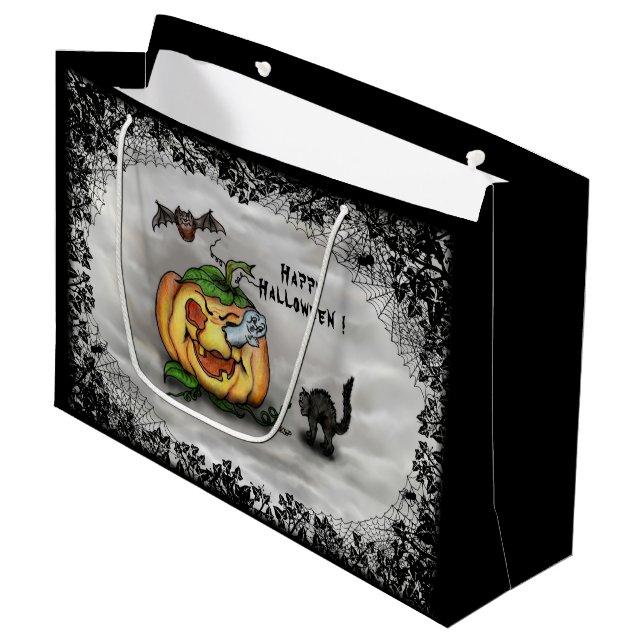 Ghost , Katze , Bat and Pumpkin , Glückliches Hall Große Geschenktüte (Vorderseite Schrägansicht)