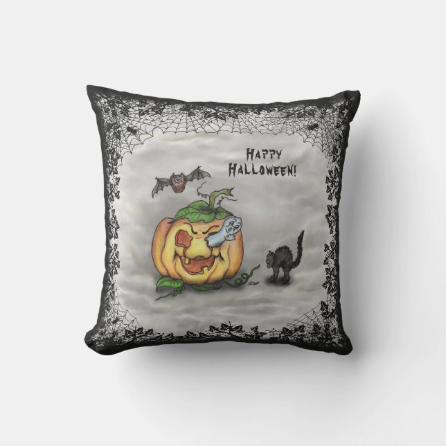 Ghost , Katze , Bat and Pumpkin , Glückliches Hall Kissen (Vorderseite)