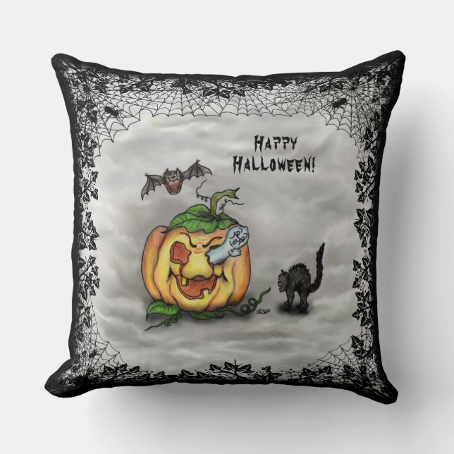 Ghost , Katze , Bat and Pumpkin , Glückliches Hall Kissen (Vorderseite)