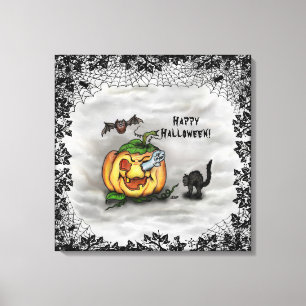 Ghost , Katze , Bat and Pumpkin , Glückliches Hall Leinwanddruck