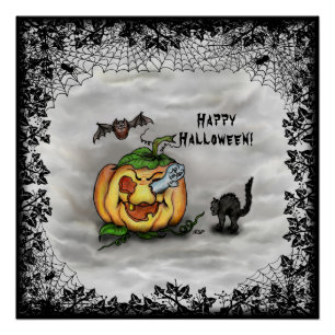Ghost , Katze , Bat and Pumpkin , Glückliches Hall Poster