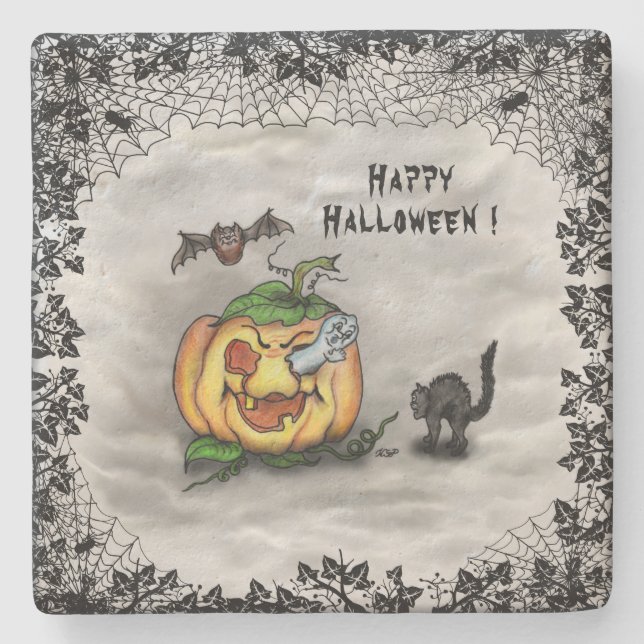 Ghost , Katze , Bat and Pumpkin , Glückliches Hall Steinuntersetzer (Vorderseite)