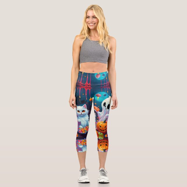 Ghost Kitten Pumpkin Candy Halloween Capri Leggings (Vorderseite)