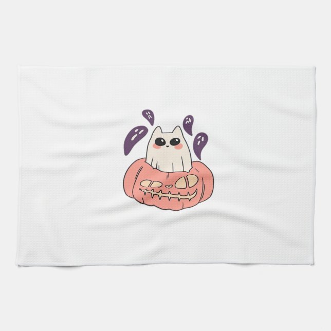 Ghost Kitty in a pumpkin Classic T-Shirt Geschirrtuch (Horizontal)