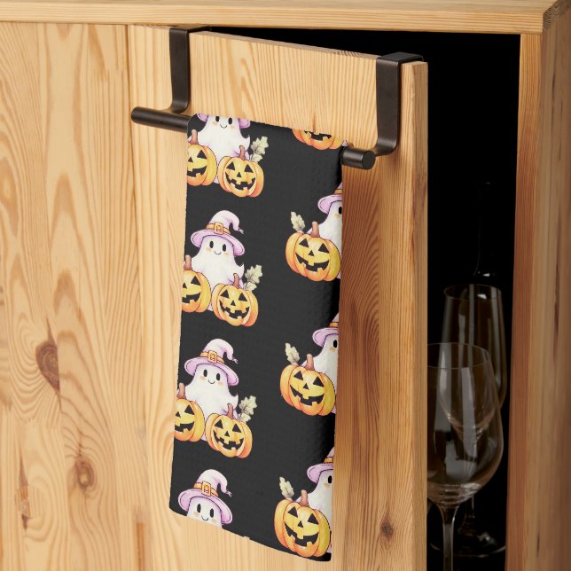 Ghost Lila Hexen Hat Pumpkin Pattern Halloween Geschirrtuch (Drittel gefaltet)