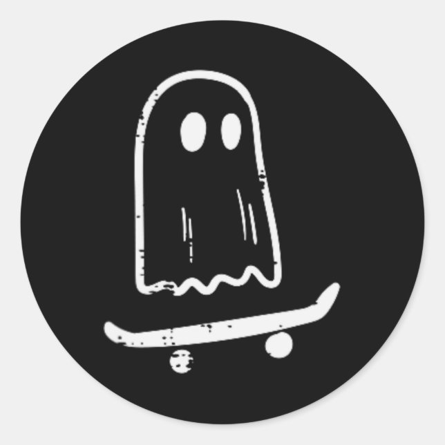 Ghost on Skateboard Spaß Retro Halloween Kostüm Bo Runder Aufkleber (Vorderseite)