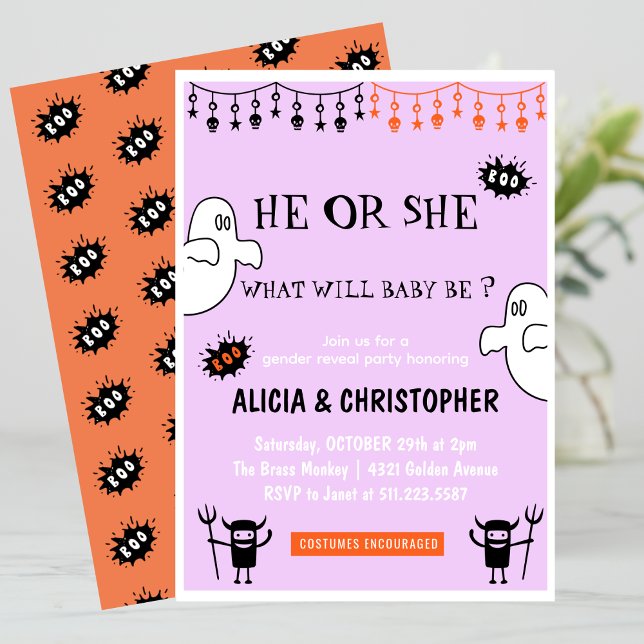 Ghost Pink Orange Oktober Halloween Gender-Enthüll Einladung (Ghost-Pink-Orange-October-Halloween-gender-reveal-Invitation-1)