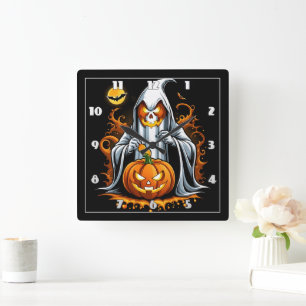 Ghost preppt Kürbis zu Halloween! Quadratische Wanduhr