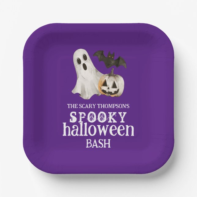 Ghost Pumpkin Bat Spooky Halloween Bash Lila Pappteller (Vorderseite)