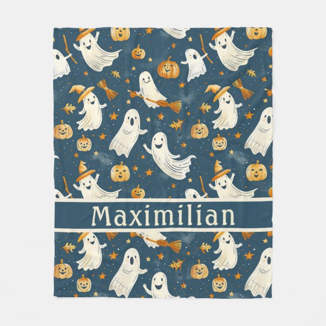 Ghost Pumpkin Falling Blätter Aquamarin Fleecedecke (Vorderseite)