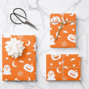 Ghost Pumpkin Spider Moon Orange Halloween Muster Geschenkpapier Set