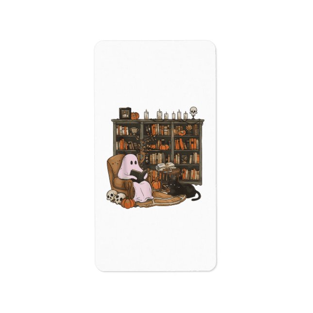 Ghost Reading Book Cat Liebhaber Halloween Adressaufkleber (Vorne)