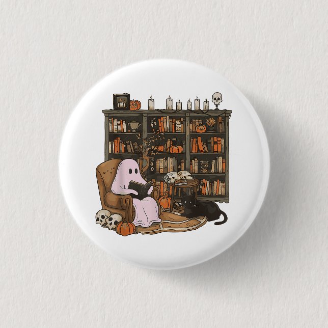 Ghost Reading Book Cat Liebhaber Halloween Button (Vorderseite)