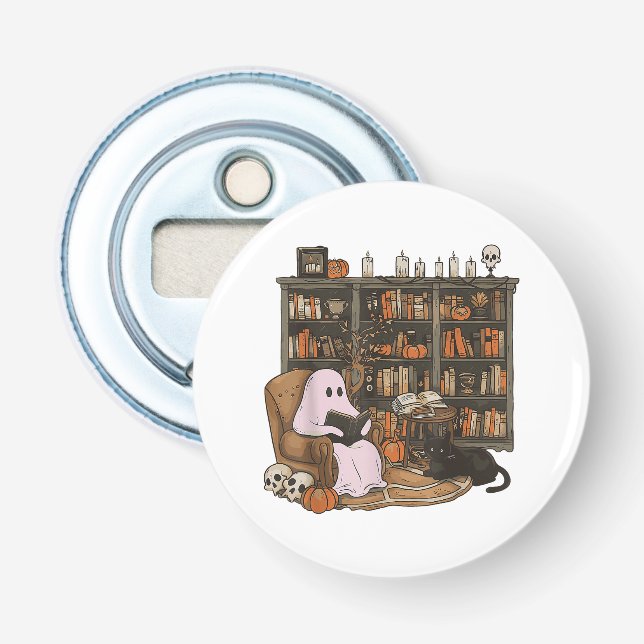 Ghost Reading Book Cat Liebhaber Halloween Flaschenöffner (Vorderseite)