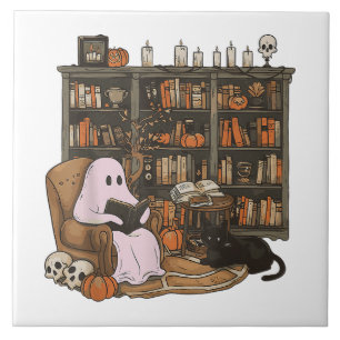 Ghost Reading Book Cat Liebhaber Halloween Fliese