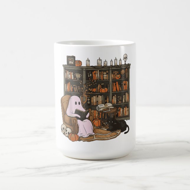 Ghost Reading Book Cat Liebhaber Halloween Kaffeetasse (Mittel)