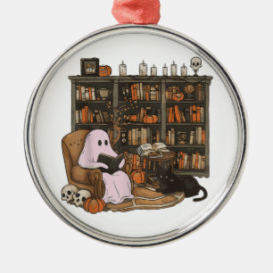 Ghost Reading Book Cat Liebhaber Halloween Ornament Aus Metall