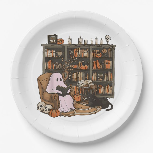 Ghost Reading Book Cat Liebhaber Halloween Pappteller (Vorderseite)