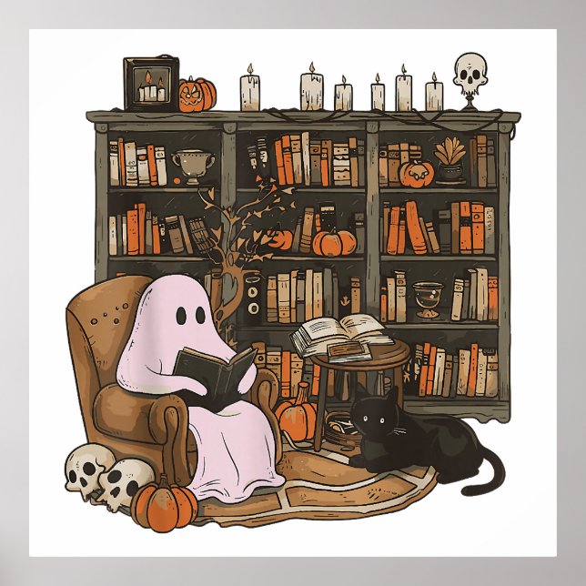 Ghost Reading Book Cat Liebhaber Halloween Poster (Vorne)