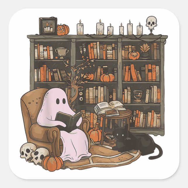 Ghost Reading Book Cat Liebhaber Halloween Quadratischer Aufkleber (Vorderseite)