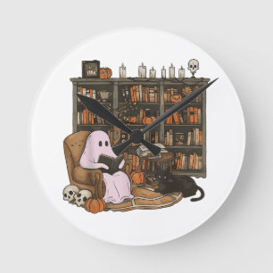 Ghost Reading Book Cat Liebhaber Halloween Runde Wanduhr