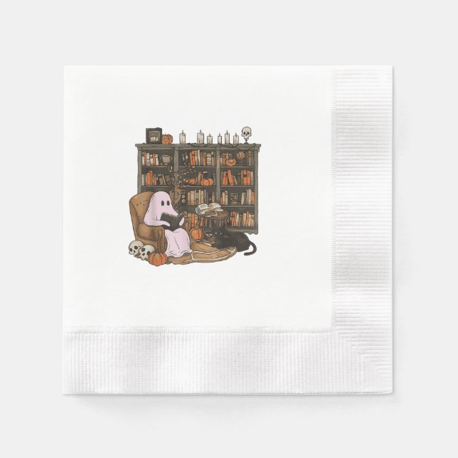 Ghost Reading Book Cat Liebhaber Halloween Serviette (Vorderseite)