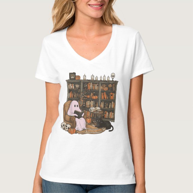 Ghost Reading Book Cat Liebhaber Halloween T-Shirt (Vorderseite)