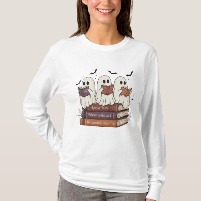 Ghost Reading Bookworm Gemütliches Langschläfchen  T-Shirt (Vorderseite)